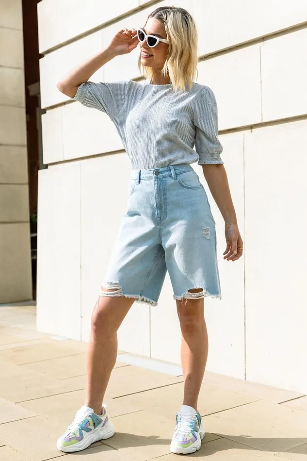 Blue Distressed Denim Bermuda Shorts Women Roman Shorts