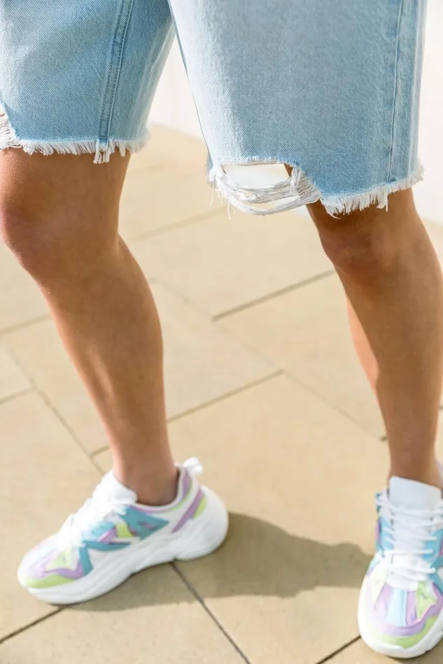 Blue Distressed Denim Bermuda Shorts Women Roman Shorts