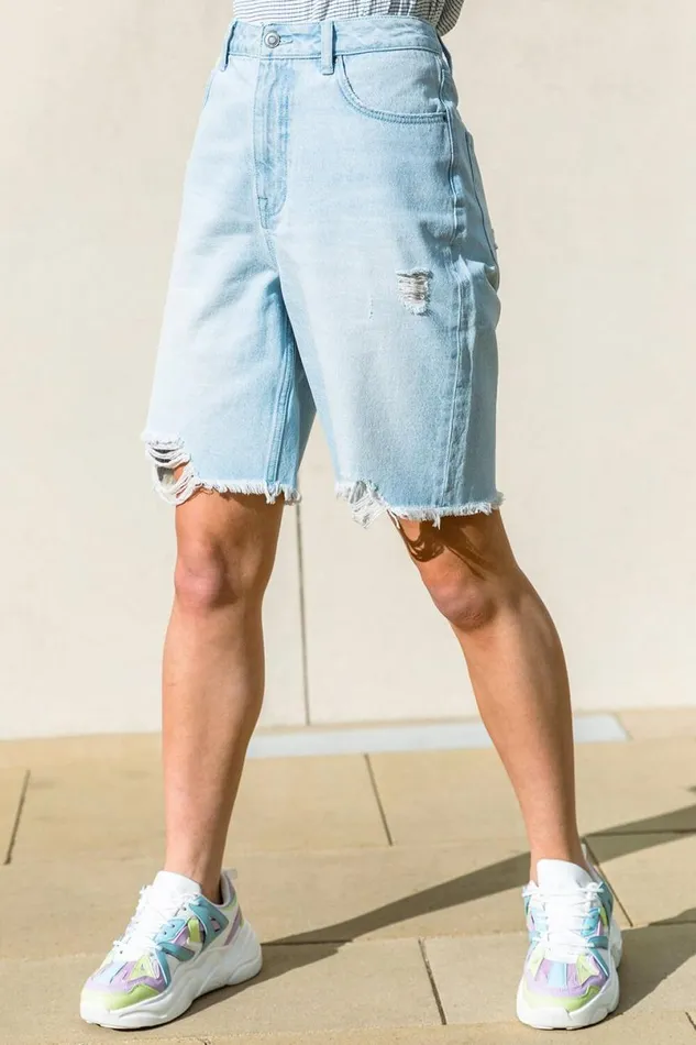 Blue Distressed Denim Bermuda Shorts Women Roman Shorts