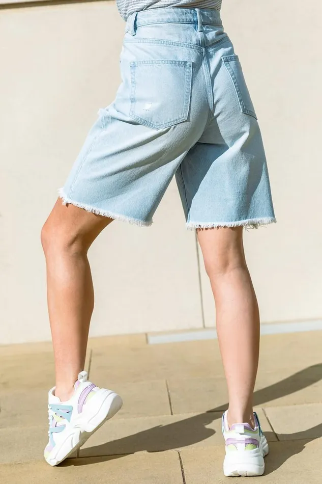 Blue Distressed Denim Bermuda Shorts Women Roman Shorts