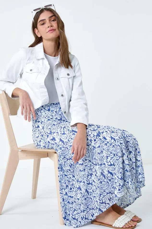 Blue Elastic Waist Paisley A Line Midi Skirt Women Roman Skirts