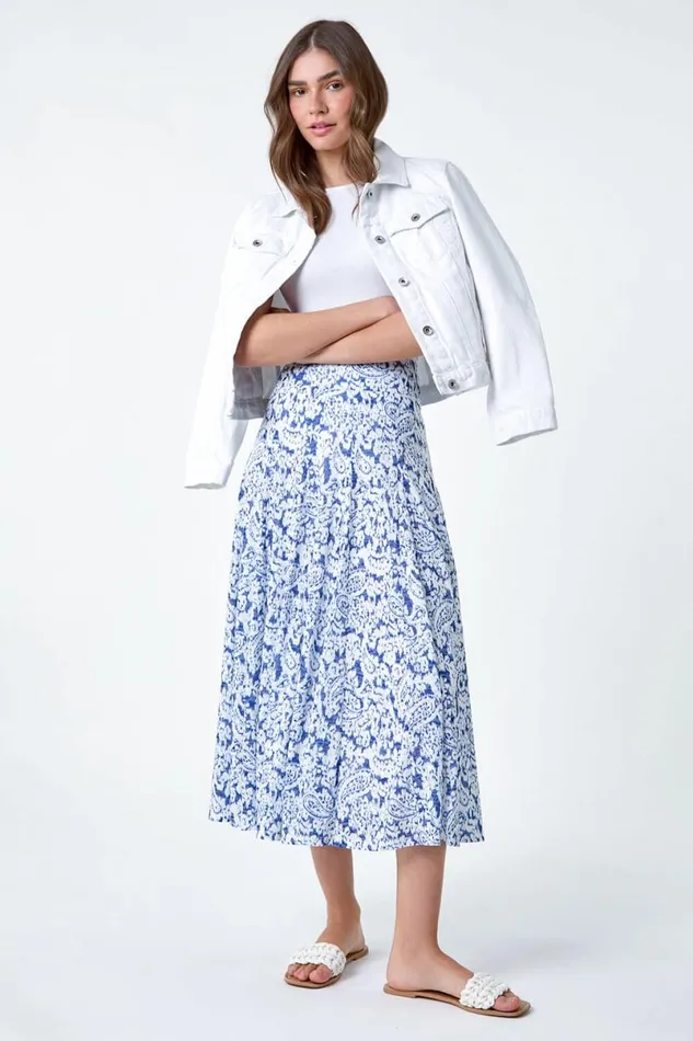 Blue Elastic Waist Paisley A Line Midi Skirt Women Roman Skirts