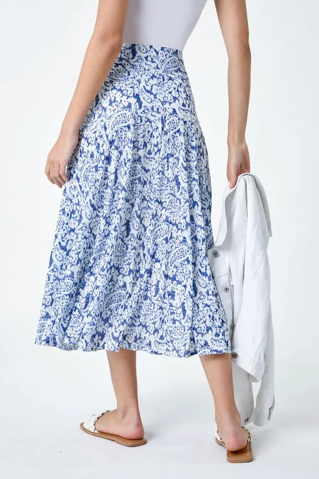 Blue Elastic Waist Paisley A Line Midi Skirt Women Roman Skirts