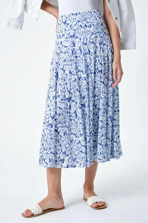 Blue Elastic Waist Paisley A Line Midi Skirt Women Roman Skirts