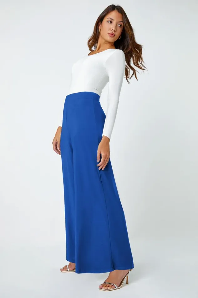 Blue Elastic Waist Wide Leg Stretch Trousers Women Roman Trousers