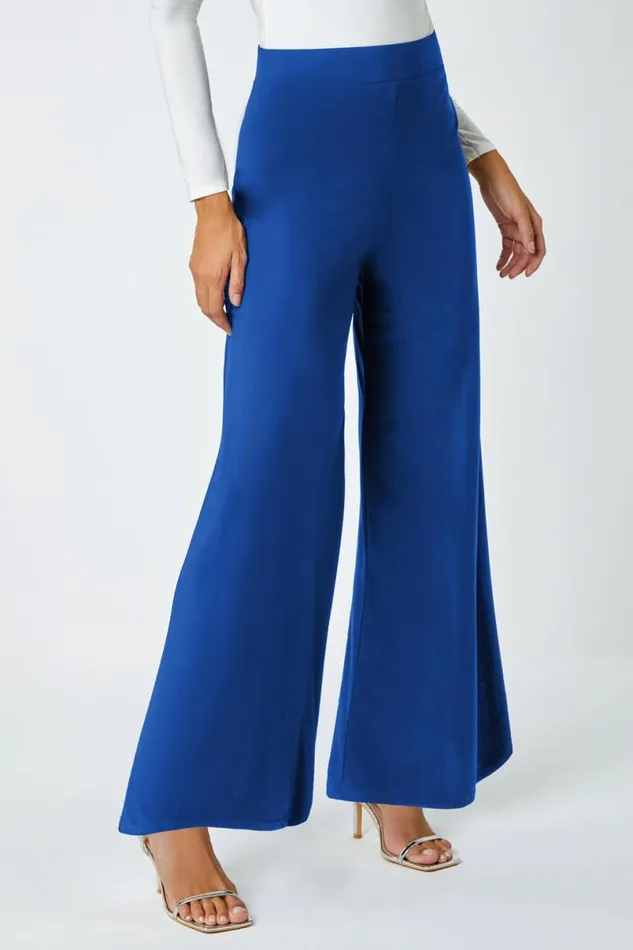 Blue Elastic Waist Wide Leg Stretch Trousers Women Roman Trousers