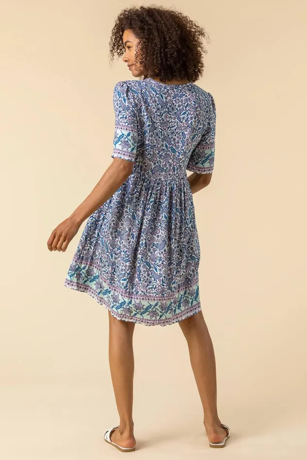 Blue Floral Border Print Tea Dress Women Roman Dresses