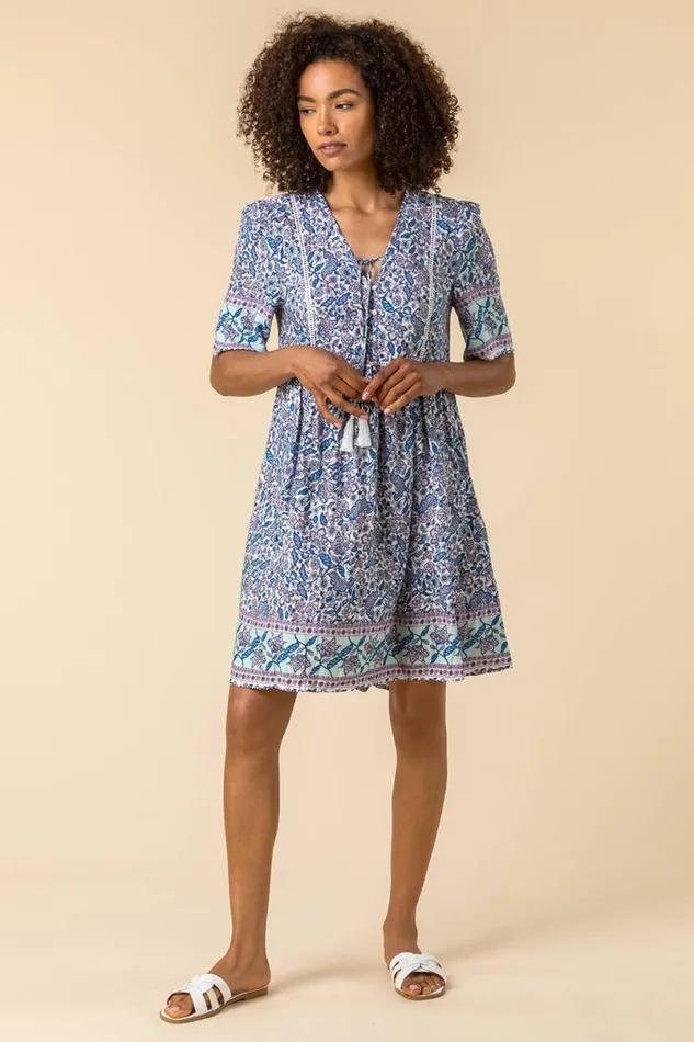 Blue Floral Border Print Tea Dress Women Roman Dresses