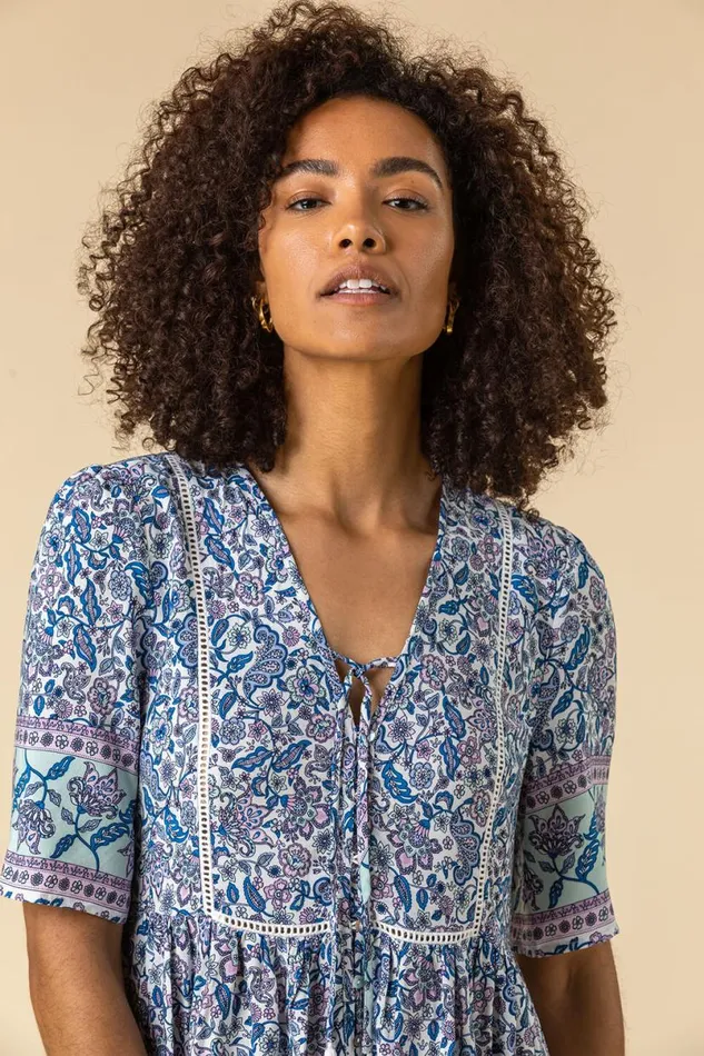 Blue Floral Border Print Tea Dress Women Roman Dresses