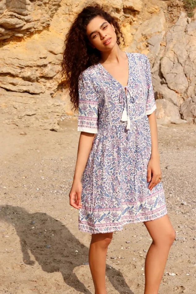 Blue Floral Border Print Tea Dress Women Roman Dresses