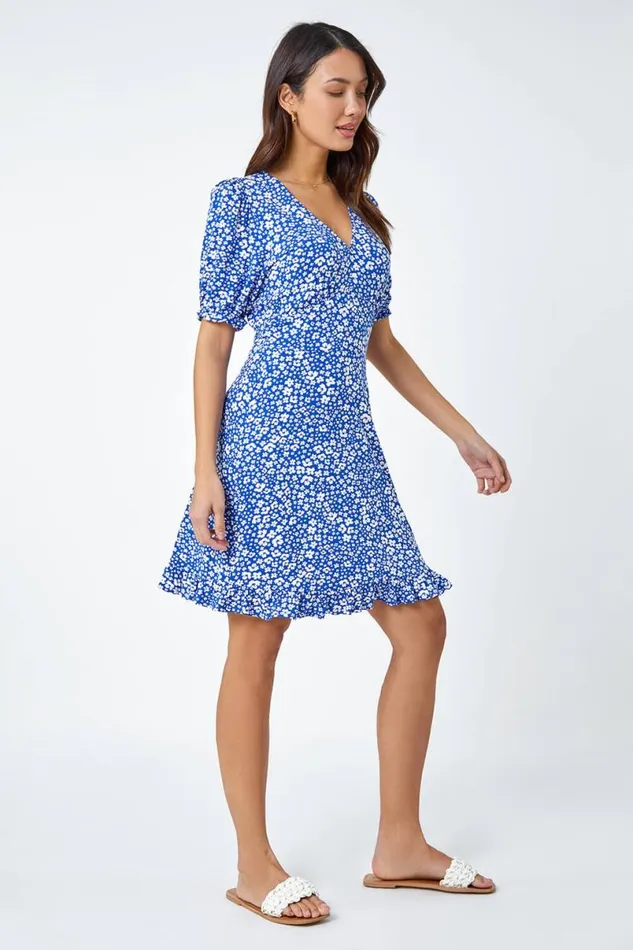 Blue Floral Print Frill Hem Tea Dress Women Roman Dresses