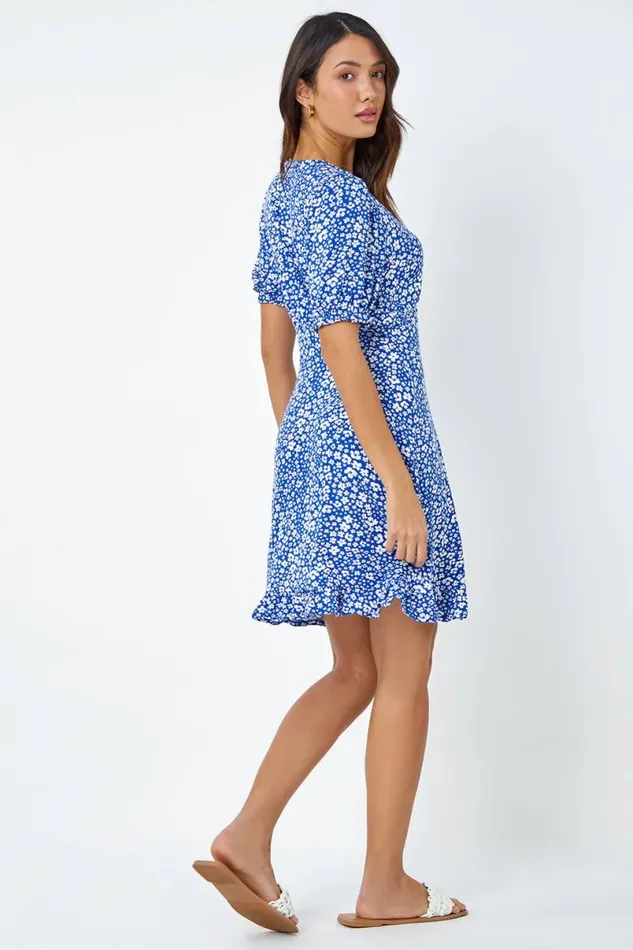 Blue Floral Print Frill Hem Tea Dress Women Roman Dresses