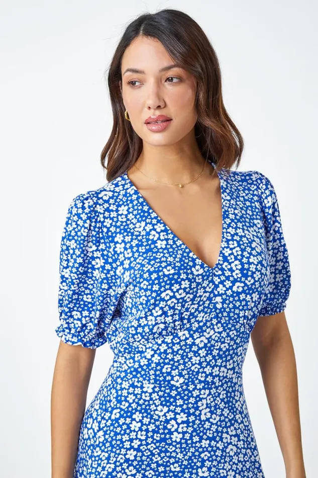 Blue Floral Print Frill Hem Tea Dress Women Roman Dresses