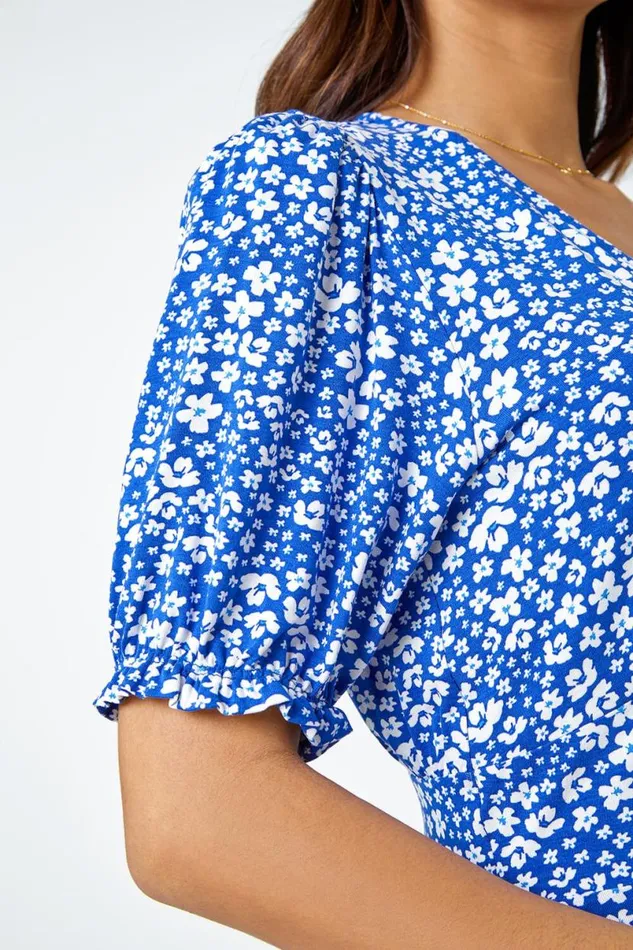 Blue Floral Print Frill Hem Tea Dress Women Roman Dresses