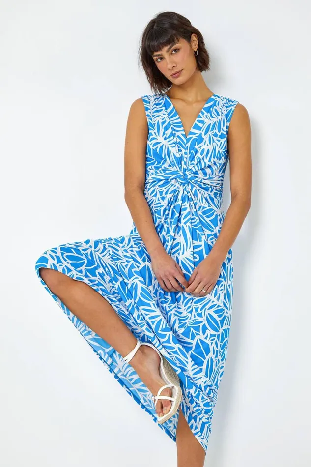 Blue Floral Print Twist Front Maxi Dress Women Roman Dresses