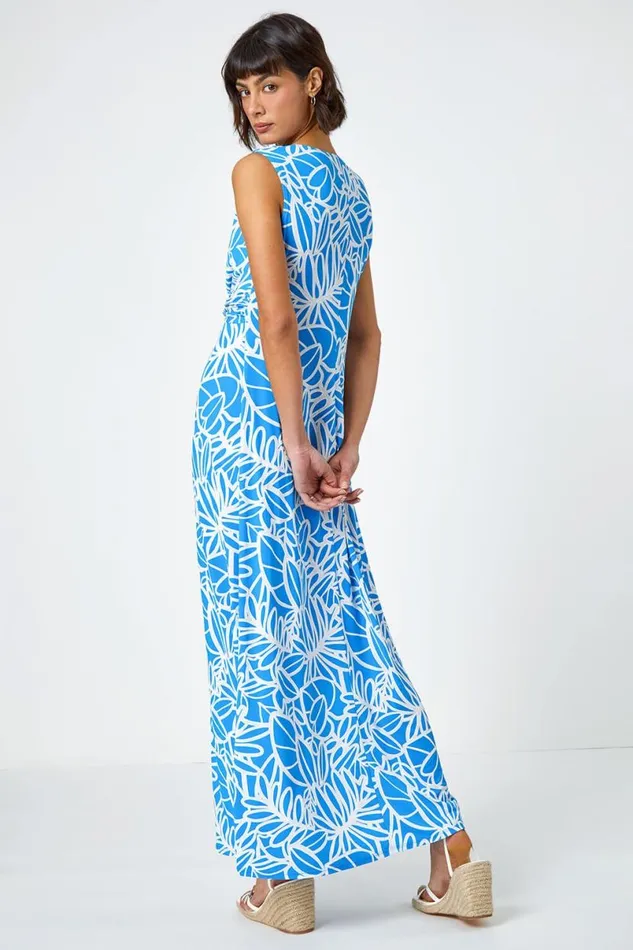 Blue Floral Print Twist Front Maxi Dress Women Roman Dresses