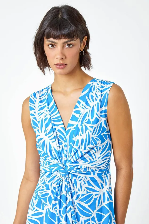 Blue Floral Print Twist Front Maxi Dress Women Roman Dresses