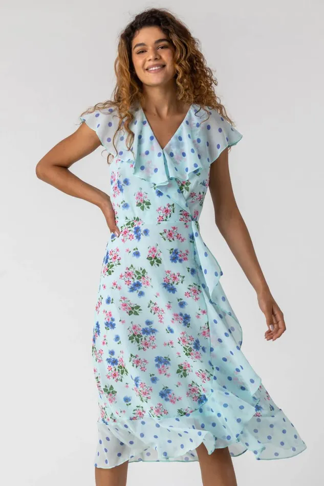 Blue Floral Spot Print Frill Wrap Dress Women Roman Dresses
