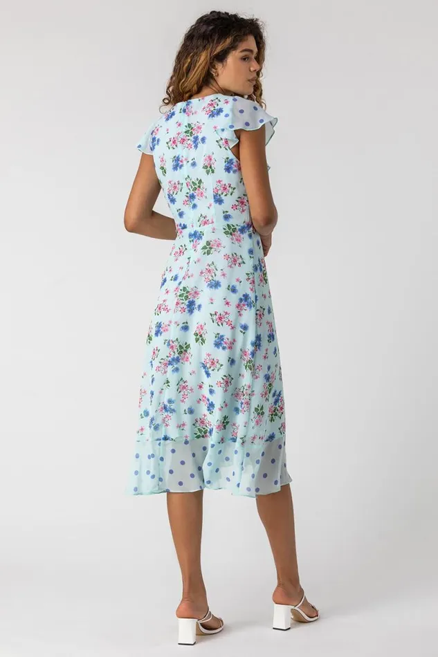 Blue Floral Spot Print Frill Wrap Dress Women Roman Dresses