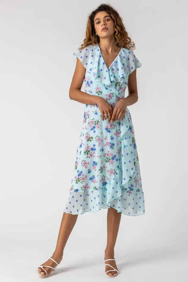 Blue Floral Spot Print Frill Wrap Dress Women Roman Dresses