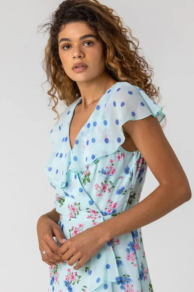 Blue Floral Spot Print Frill Wrap Dress Women Roman Dresses