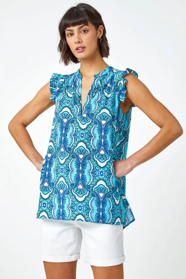 Blue Geo Print VNeck Sleeveless Ruffle Top Women Roman Tops