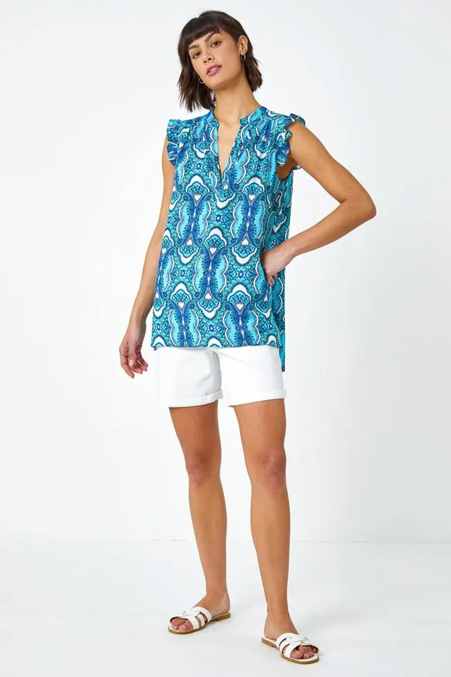 Blue Geo Print VNeck Sleeveless Ruffle Top Women Roman Tops