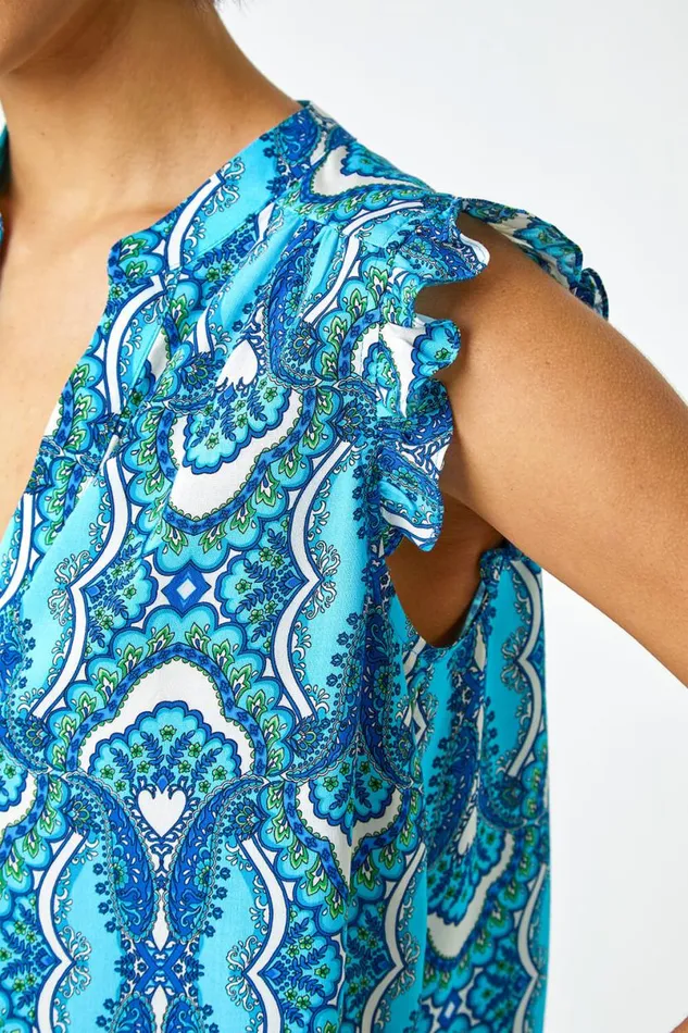 Blue Geo Print VNeck Sleeveless Ruffle Top Women Roman Tops