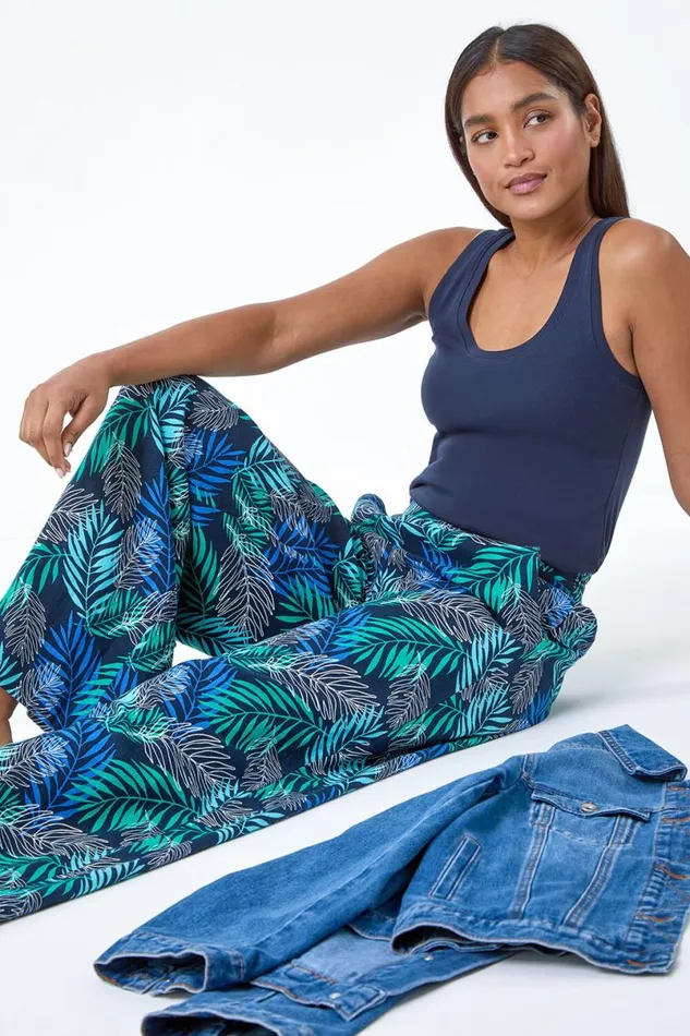 Blue Leaf Linen Blend Wide Leg Trousers Women Roman Trousers