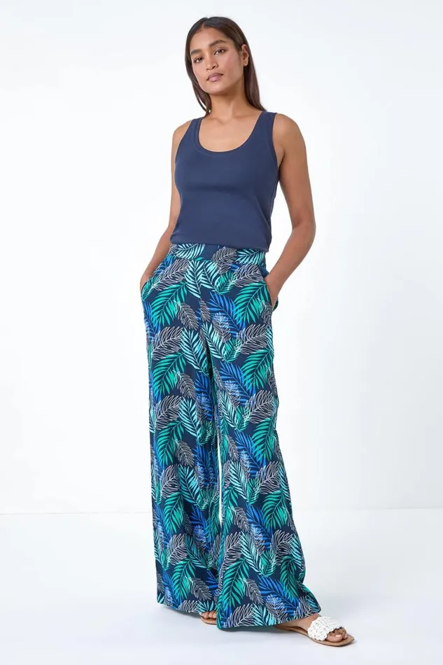 Blue Leaf Linen Blend Wide Leg Trousers Women Roman Trousers
