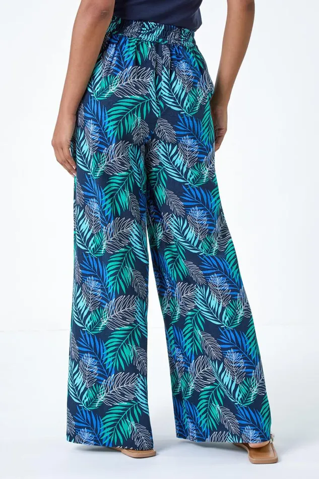 Blue Leaf Linen Blend Wide Leg Trousers Women Roman Trousers