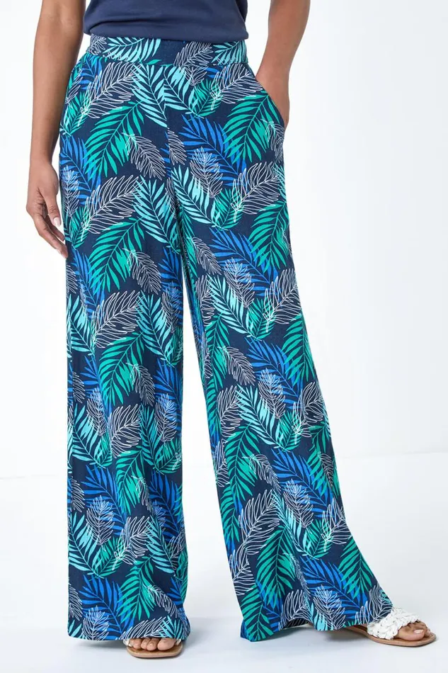 Blue Leaf Linen Blend Wide Leg Trousers Women Roman Trousers
