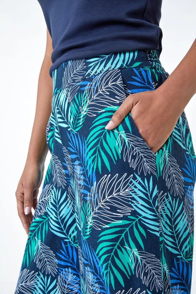 Blue Leaf Linen Blend Wide Leg Trousers Women Roman Trousers