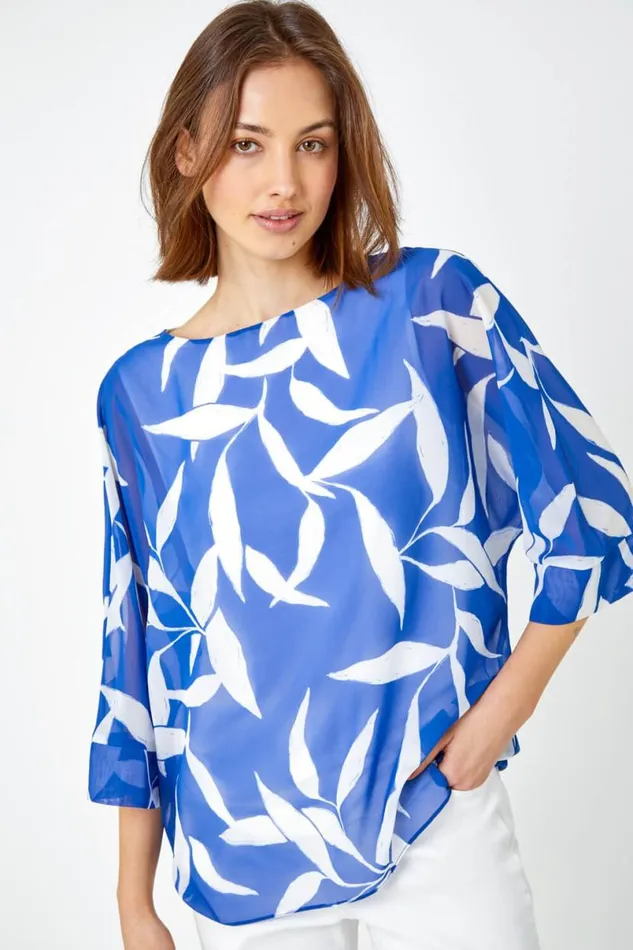 Blue Leaf Print Chiffon Overlay Top Women Roman Tops