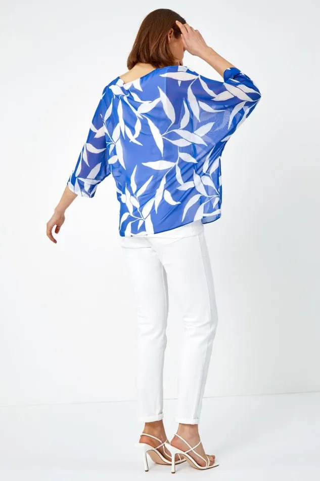 Blue Leaf Print Chiffon Overlay Top Women Roman Tops