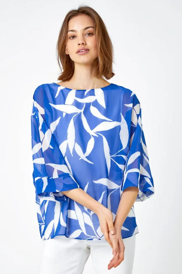 Blue Leaf Print Chiffon Overlay Top Women Roman Tops