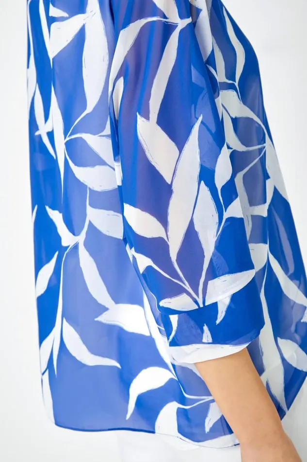 Blue Leaf Print Chiffon Overlay Top Women Roman Tops