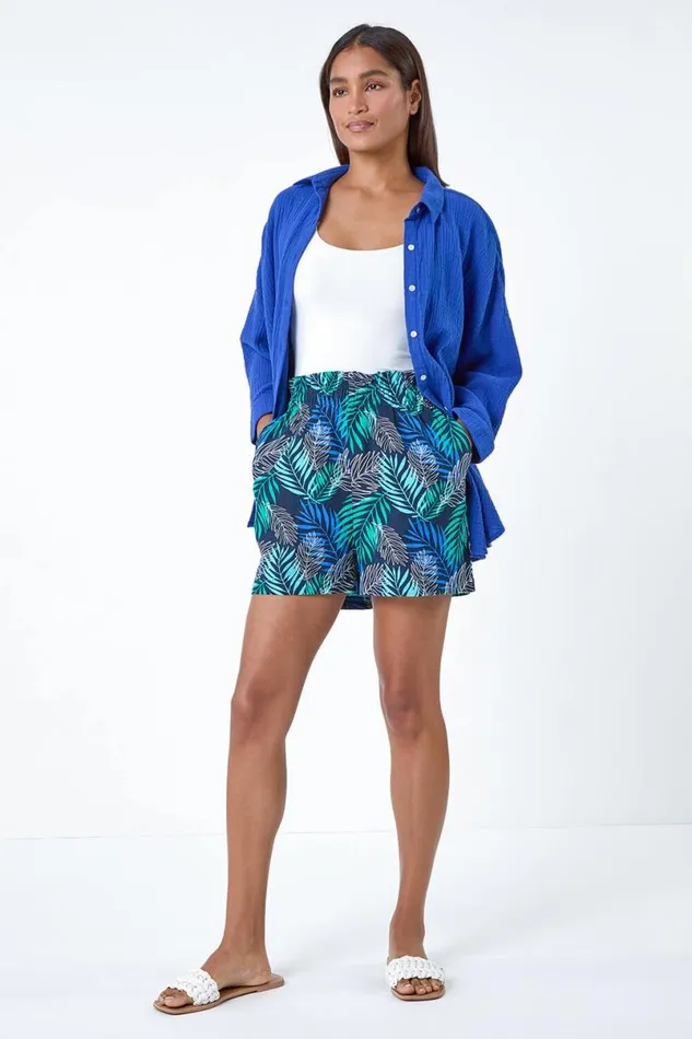 Blue Leaf Print Linen Blend Pocket Shorts Women Roman Shorts