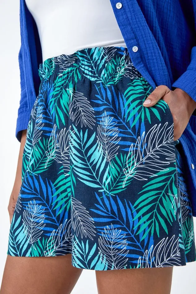 Blue Leaf Print Linen Blend Pocket Shorts Women Roman Shorts