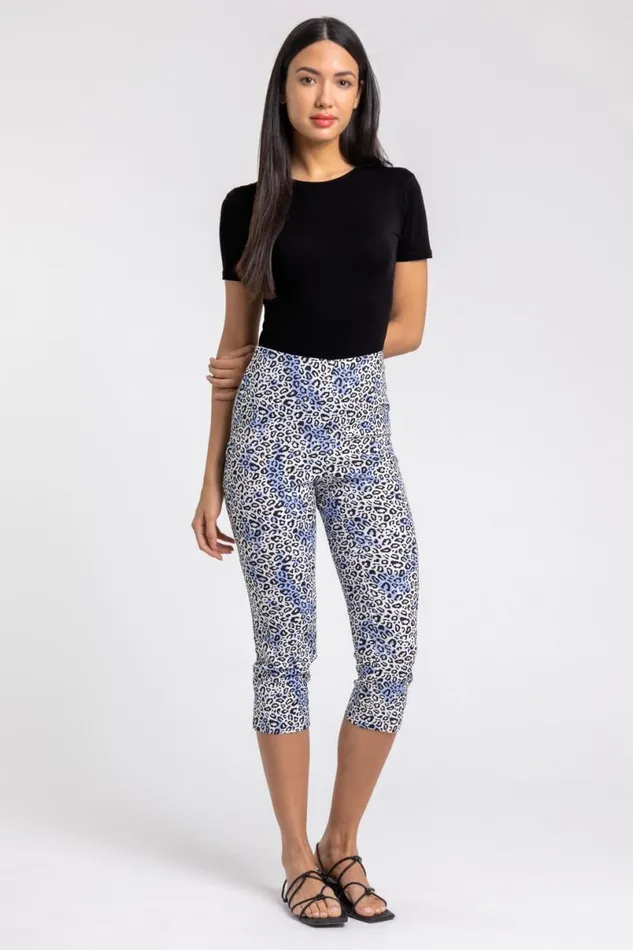 Blue Leopard Print Elastic Waist Cropped Trouser Women Roman Trousers