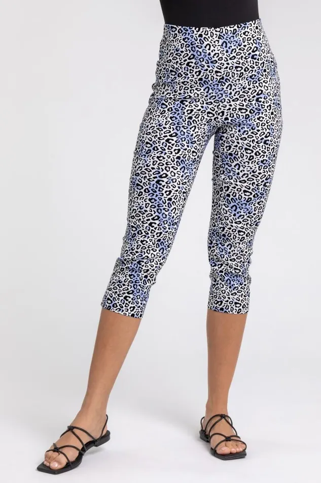 Blue Leopard Print Elastic Waist Cropped Trouser Women Roman Trousers