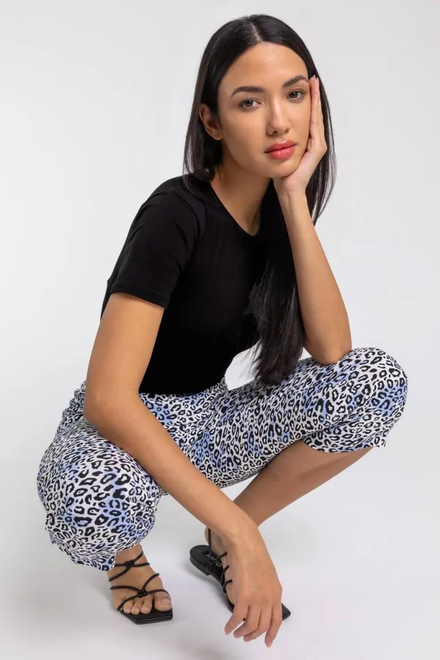 Blue Leopard Print Elastic Waist Cropped Trouser Women Roman Trousers