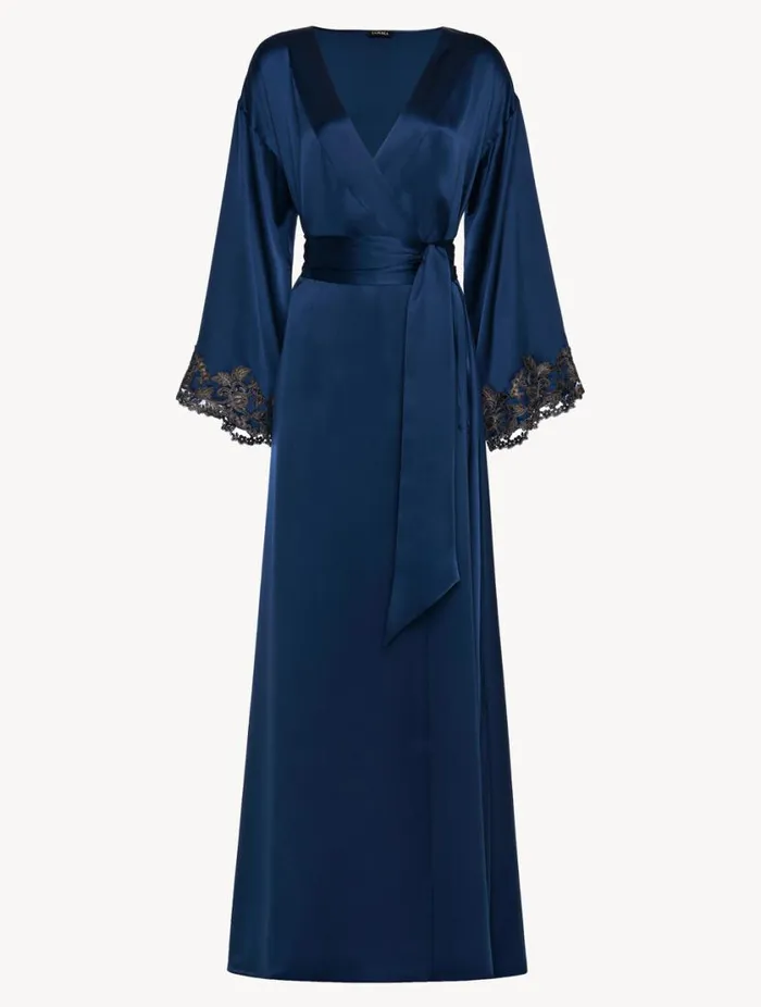 Blue Long Silk Robe With Frastaglio Sleepwear La Perla Robes