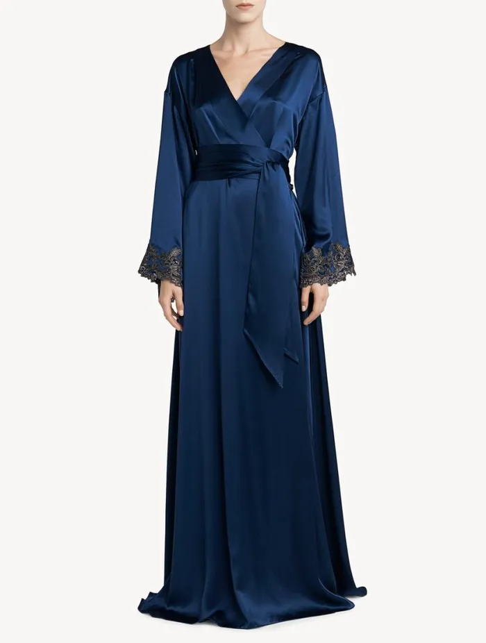 Blue Long Silk Robe With Frastaglio Sleepwear La Perla Robes