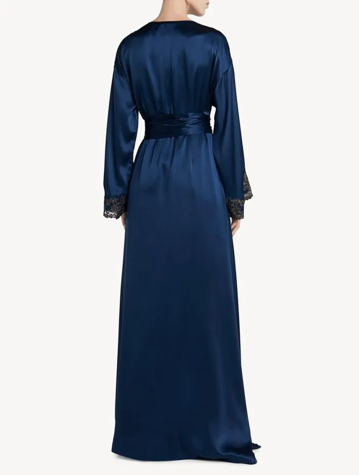 Blue Long Silk Robe With Frastaglio Sleepwear La Perla Robes