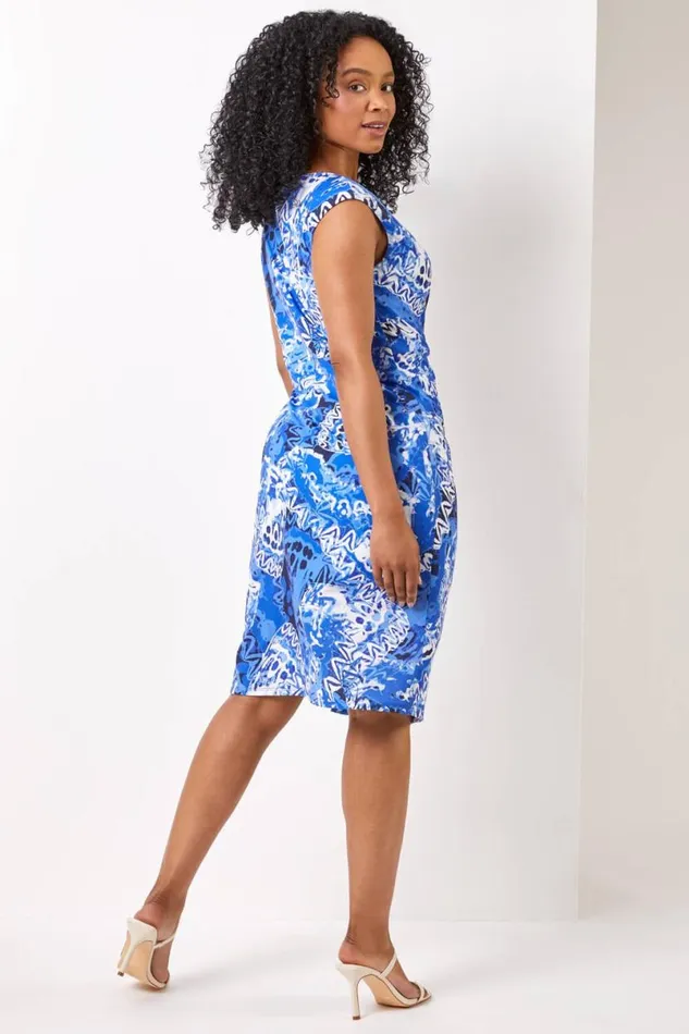 Blue Petite Abstract Knot Detail Ruched Dress Women Roman Dresses