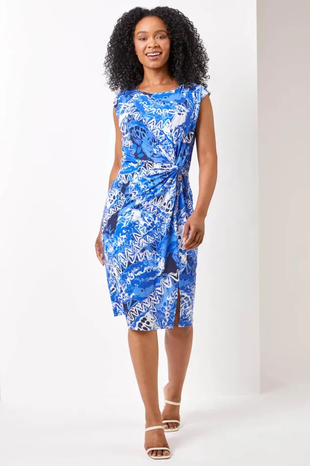 Blue Petite Abstract Knot Detail Ruched Dress Women Roman Dresses