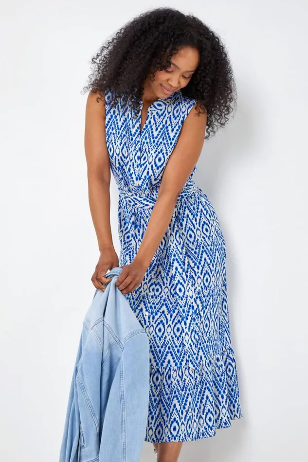 Blue Petite Aztec Print Frill Shirt Dress Women Roman Dresses