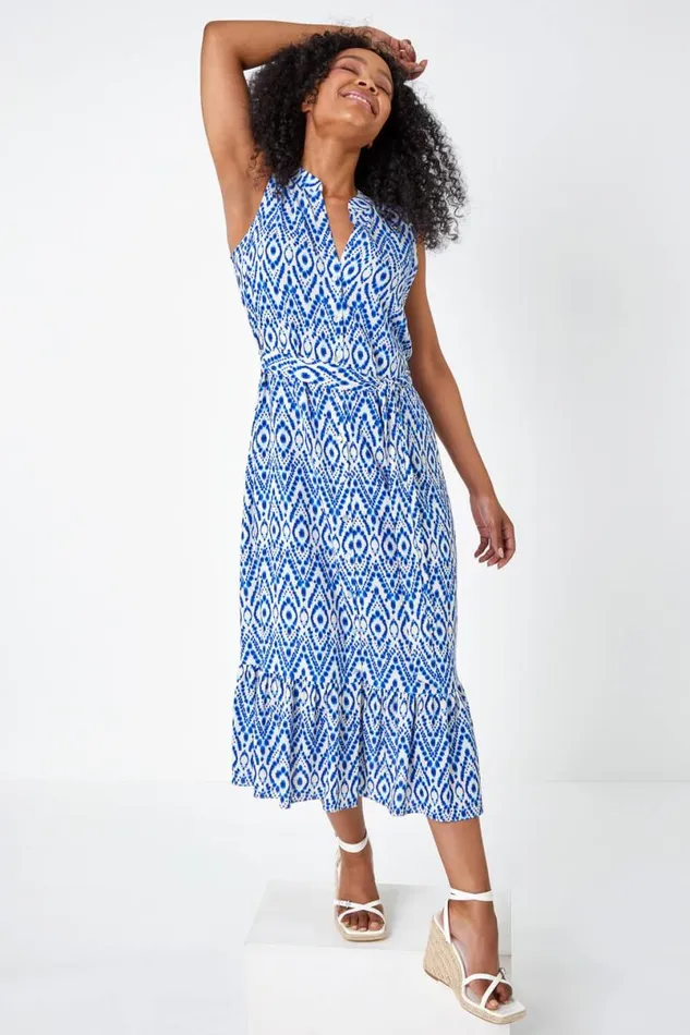 Blue Petite Aztec Print Frill Shirt Dress Women Roman Dresses