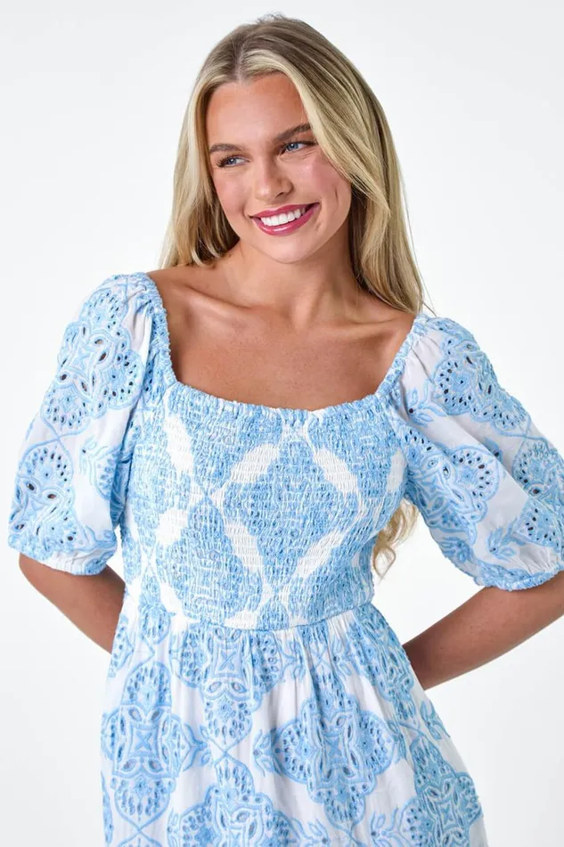 Blue Petite Cotton Embroidered Shirred Maxi Dress Women Roman Dresses
